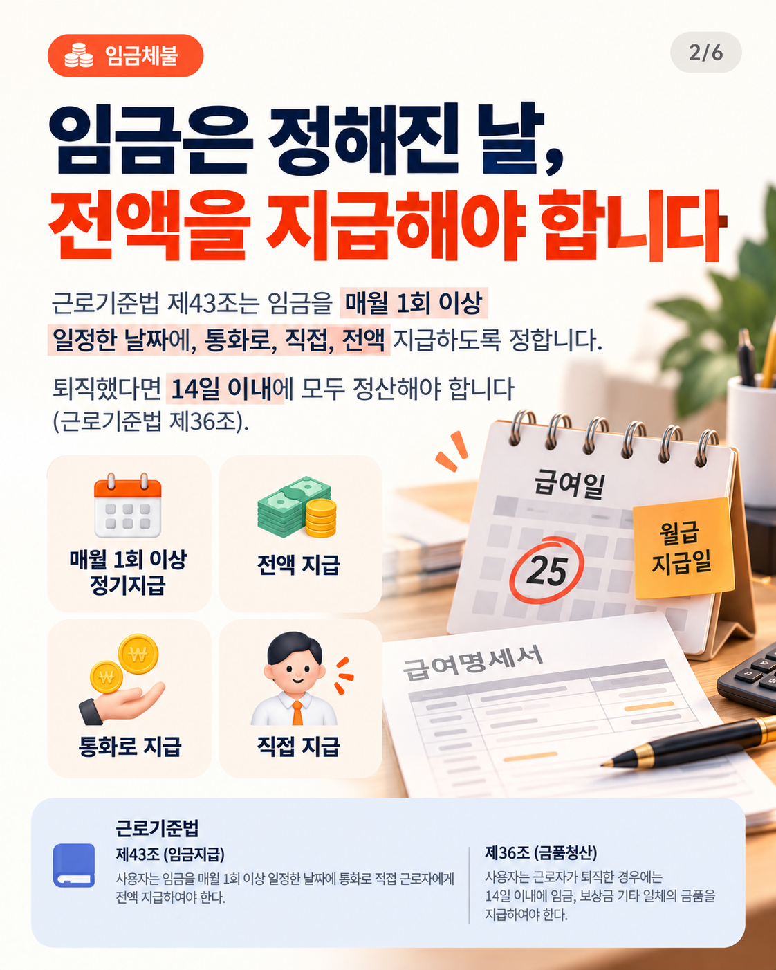 카드 2: 임금은 정해진 날, 전액을 지급해야 합니다