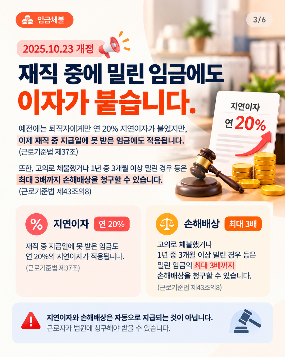카드 3: 재직 중에 밀린 임금에도 이자가 붙습니다 (2025.10.23 개정)